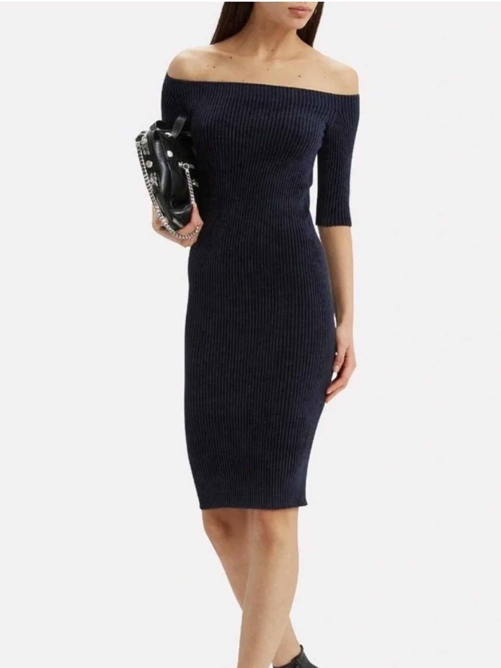 Helmut Lang Off the Shoulder Ribbed Knit Velveteen Navy Blue Bodycon Dress Small